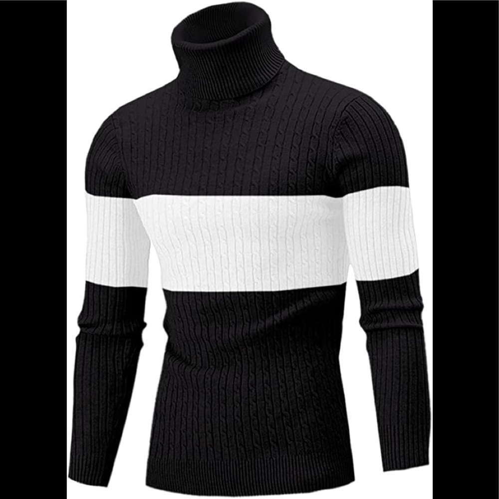New Mens Turtleneck Thermal Lightweight Patterned Sweater Black and White